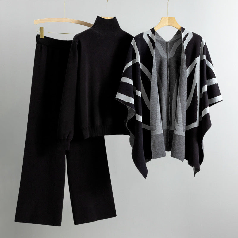 Earthy striped knit 3-piece set with wide-leg pants, sweater, and open cardigan in casual elegant style