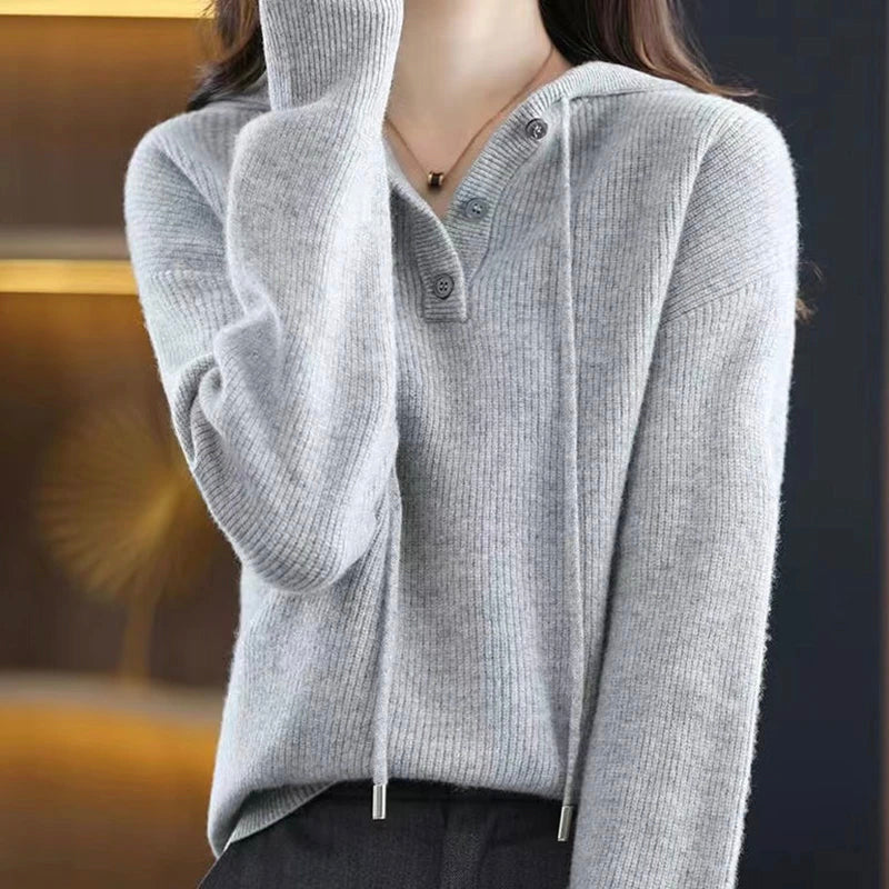 Elise Leroy ivory cashmere blend hooded sweater relaxed fit button drawstring V-neckline