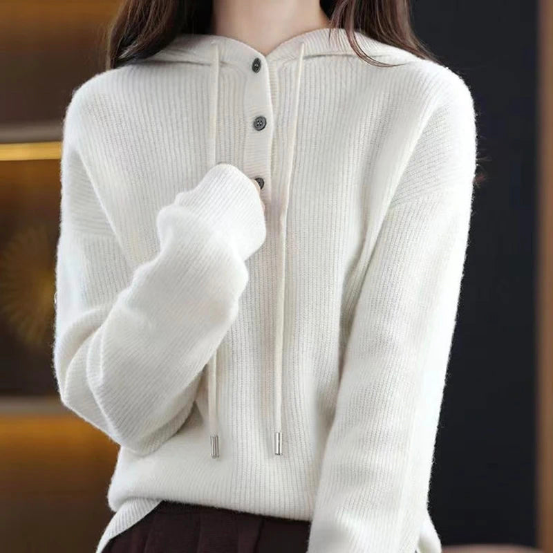 Elise Leroy ivory cashmere blend hooded sweater with button drawstring V-neckline relaxed fit