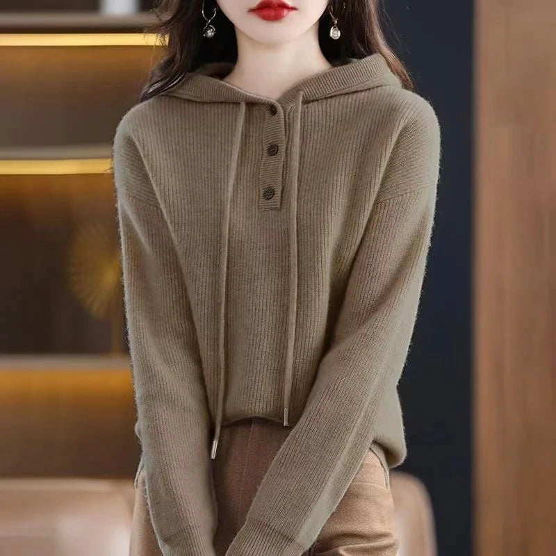 Elise Leroy ivory cashmere blend hooded sweater with button drawstring V-neckline relaxed fit