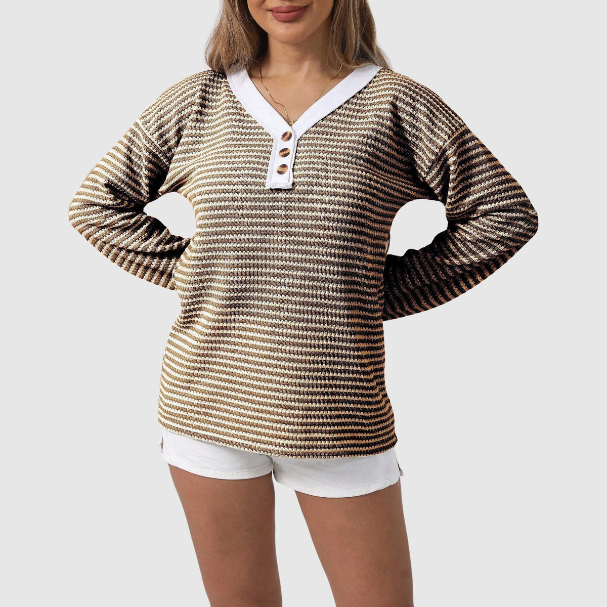 Cozy V-neck color-block knit sweater with button accents, premium polyester blend, autumn style