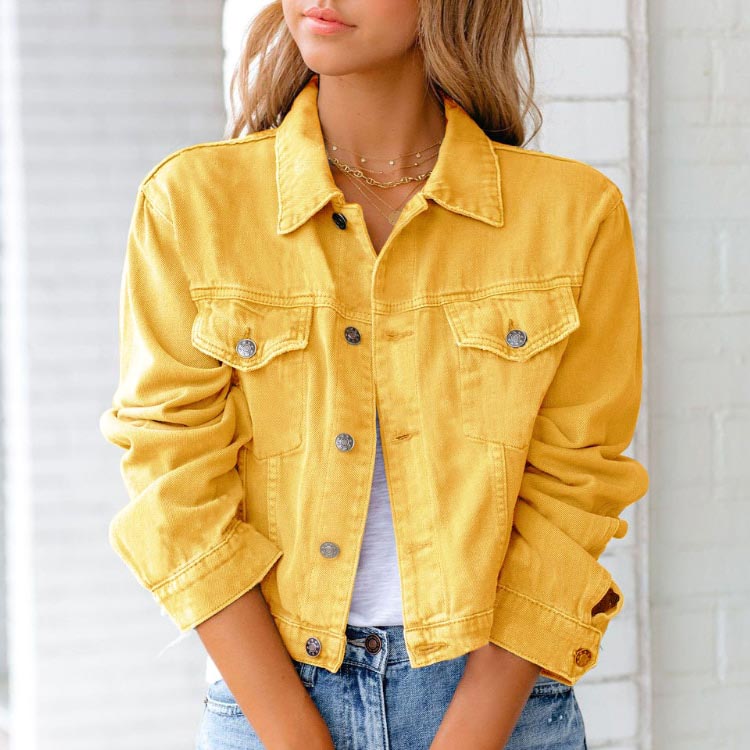 Blue denim jacket turn-down collar floral petal embroidery street-style casual cotton blend