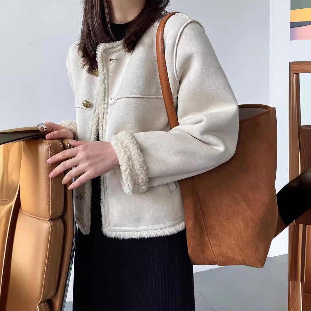 Women's boxy suede-texture jacket with sherpa lining and metal button front closure
