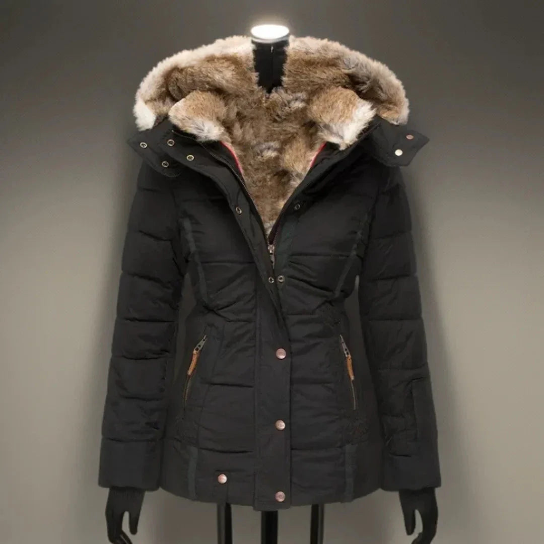 Women's hooded puffer jacket with plush faux fur lining, zipper closure, detachable hood