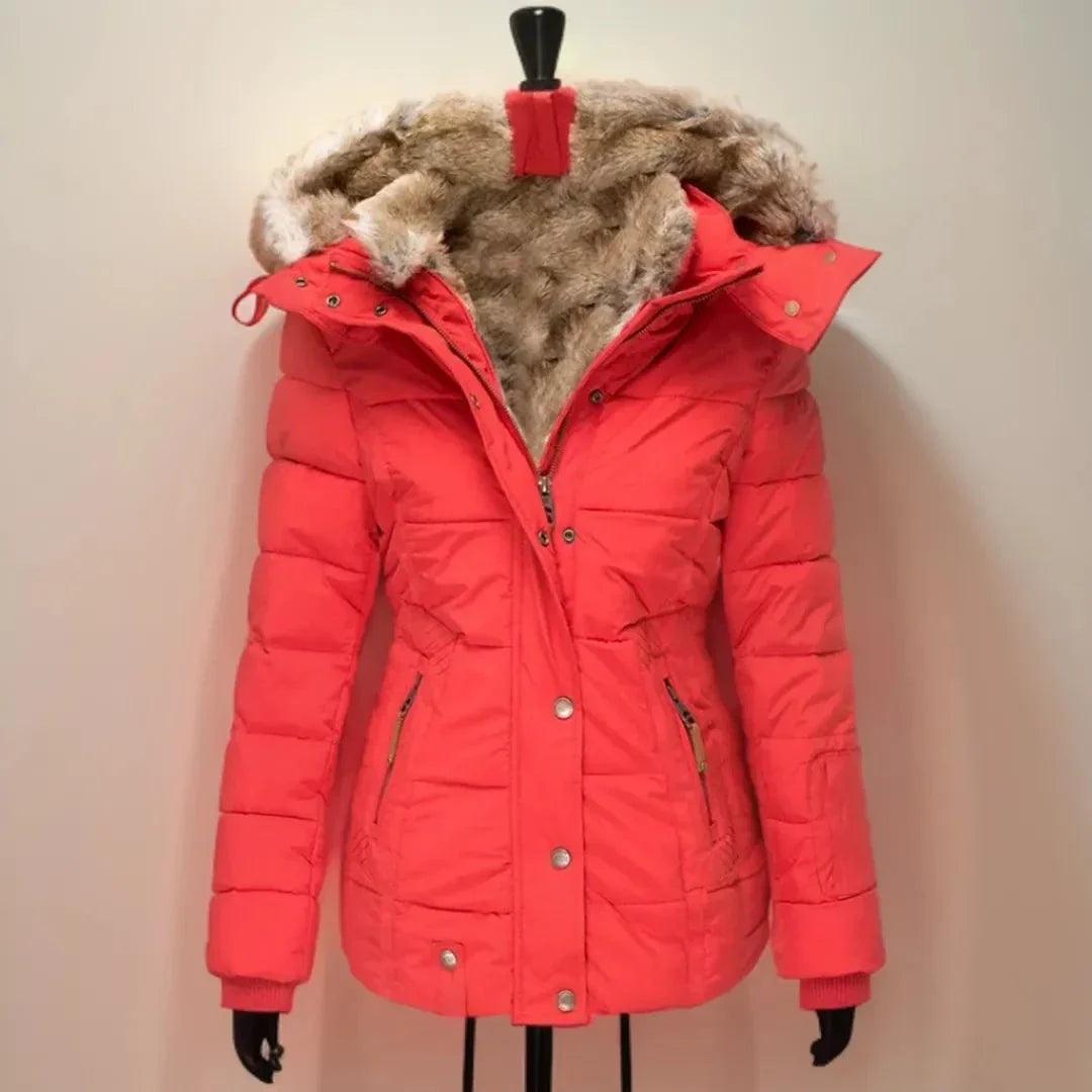 Women's black hooded puffer jacket with plush faux fur lining and detachable hood