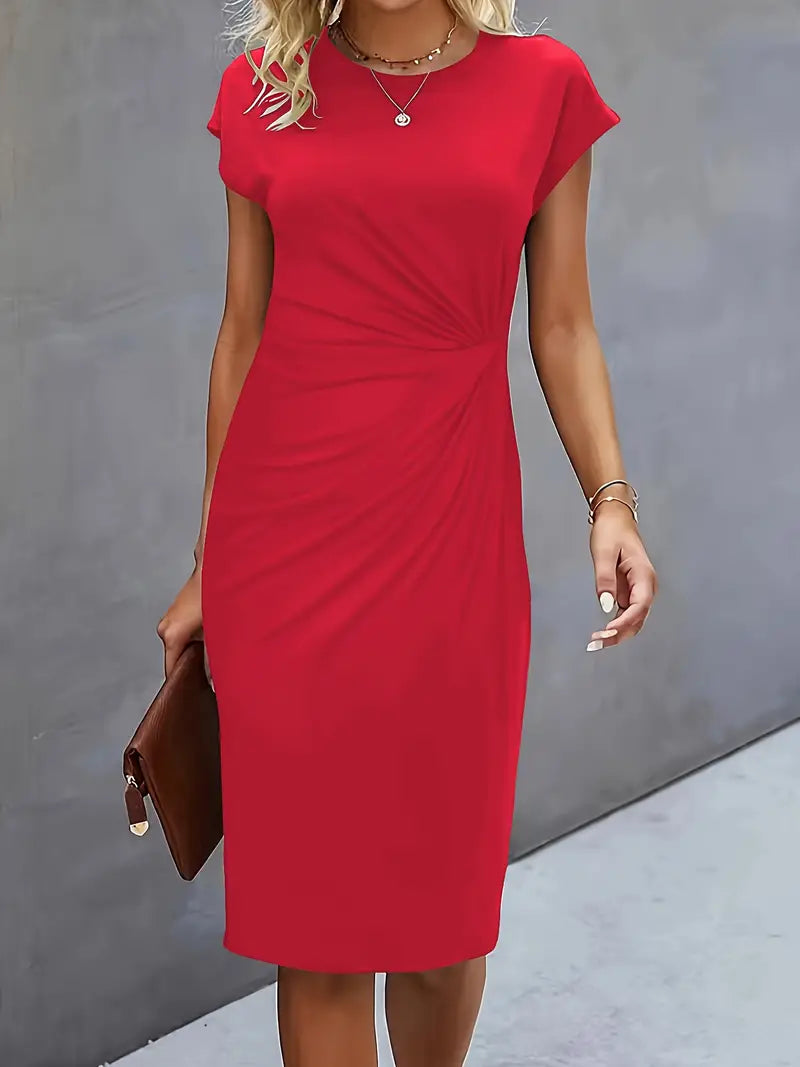 Women's blue bodycon midi dress with short cap sleeves, ruched waist detail, and figure-flattering silhouette