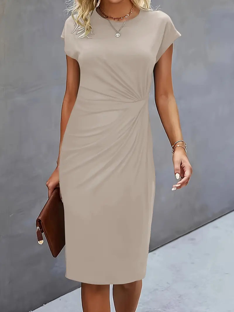 Women's blue bodycon midi dress with short cap sleeves, round neckline, and twist-ruched waist detail