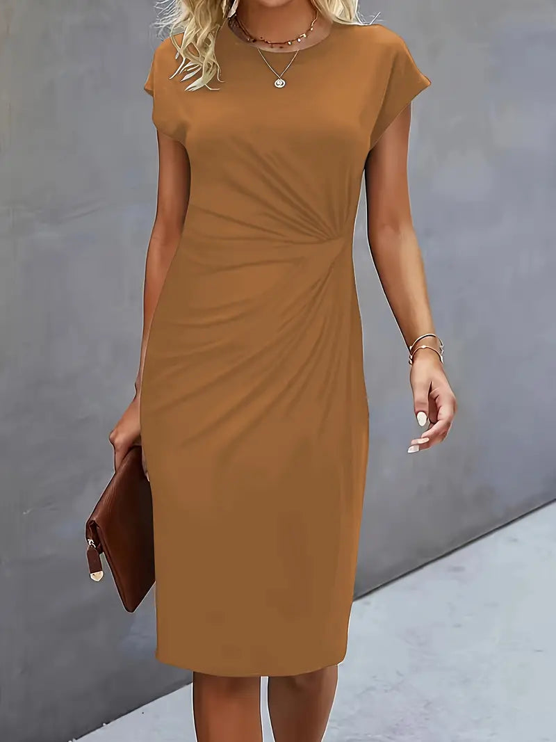 Women's blue bodycon midi dress with short cap sleeves, ruched waist, and round neckline for work