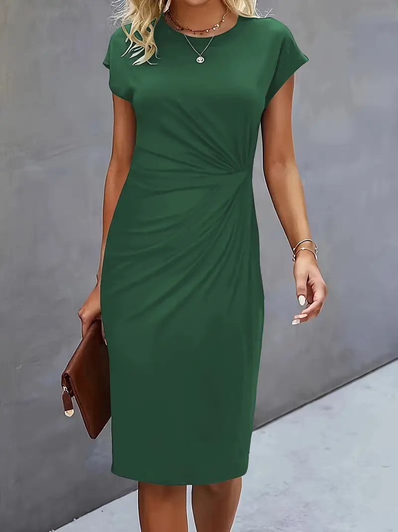 Women's blue bodycon ruched midi dress with cap sleeves and twist-ruched waist for a sculpted silhouette