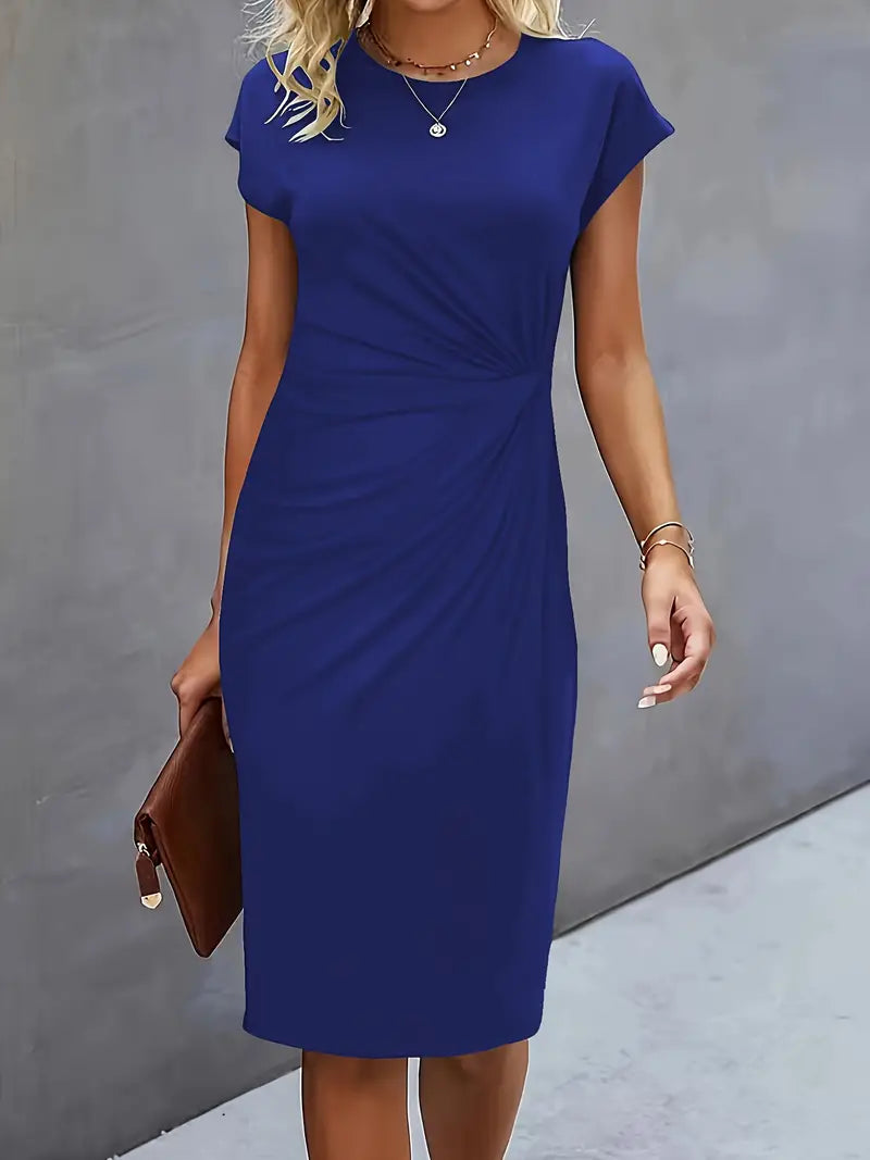 Women's blue bodycon midi dress with short cap sleeves, round neckline, and twist-ruched waist detail