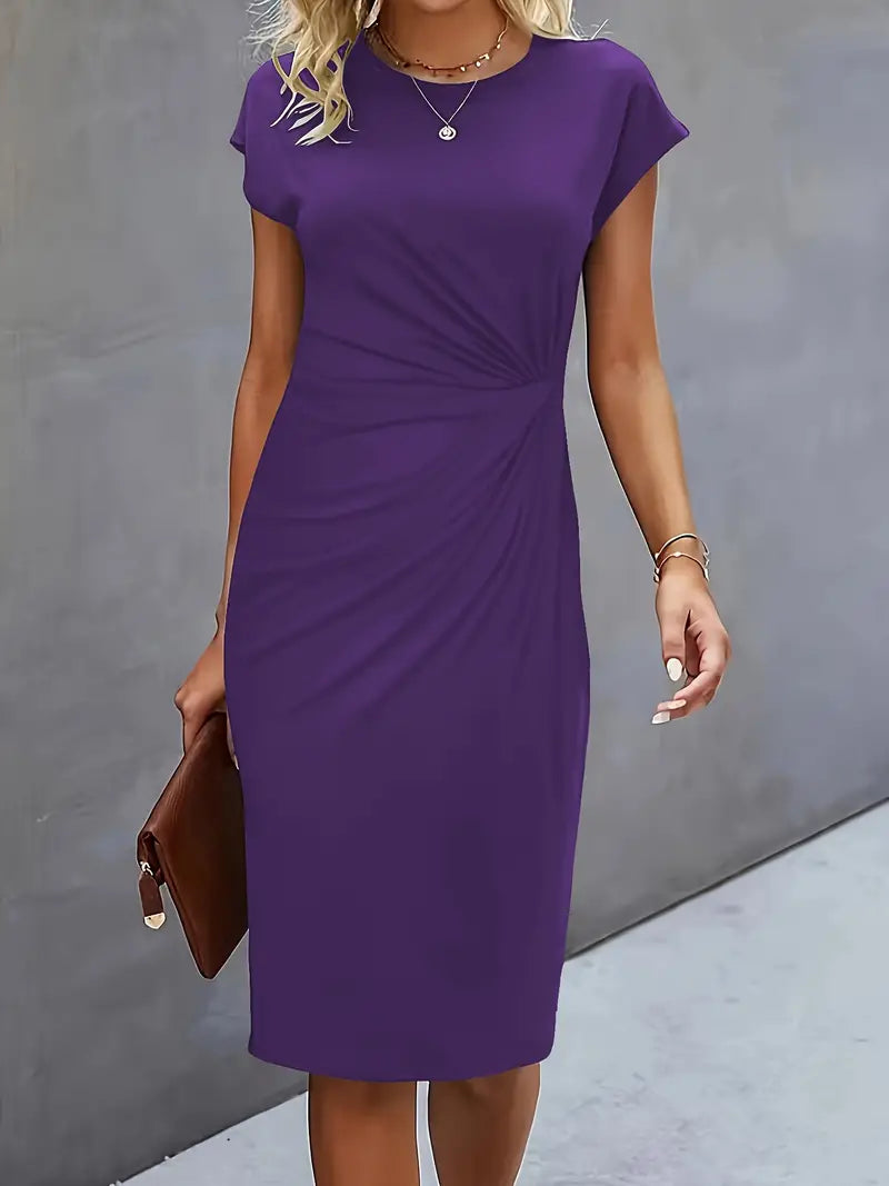 Women's blue bodycon midi dress with short cap sleeves, round neckline, and twist-ruched waist detail