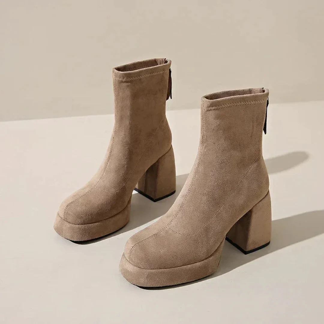Eloise faux suede ankle boots square toe block heel zip-up closure neutral tone