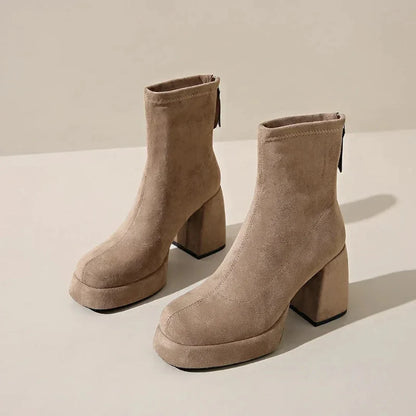 Eloise faux suede ankle boots square toe block heel zip-up closure neutral tone