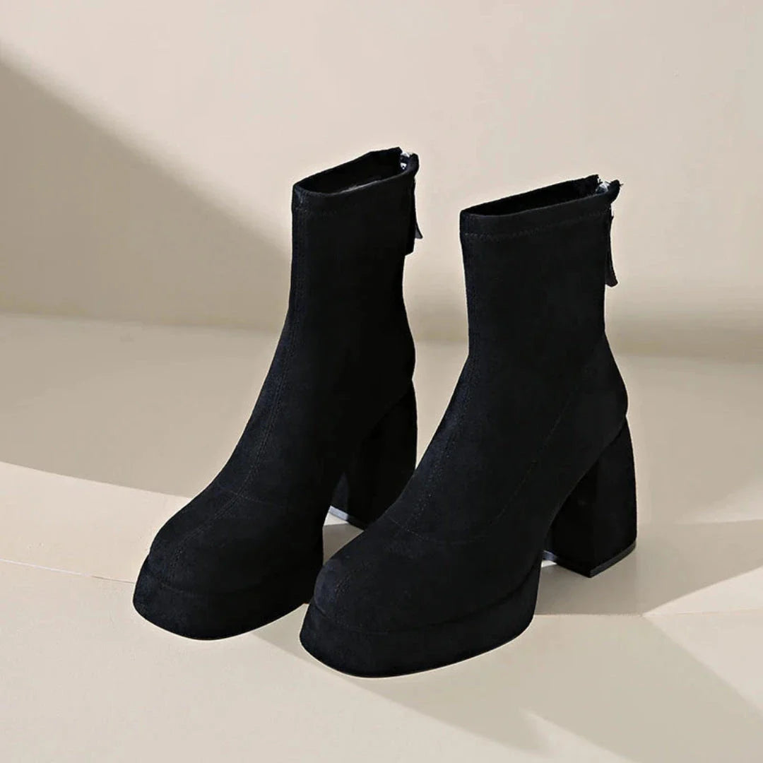 Eloise faux suede ankle boots, square toe block heel zip-up booties in neutral matte finish