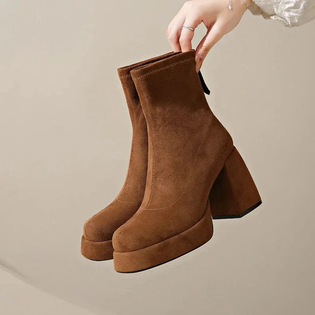 Eloise faux suede ankle boots, square toe block heel zip-up booties in neutral tone