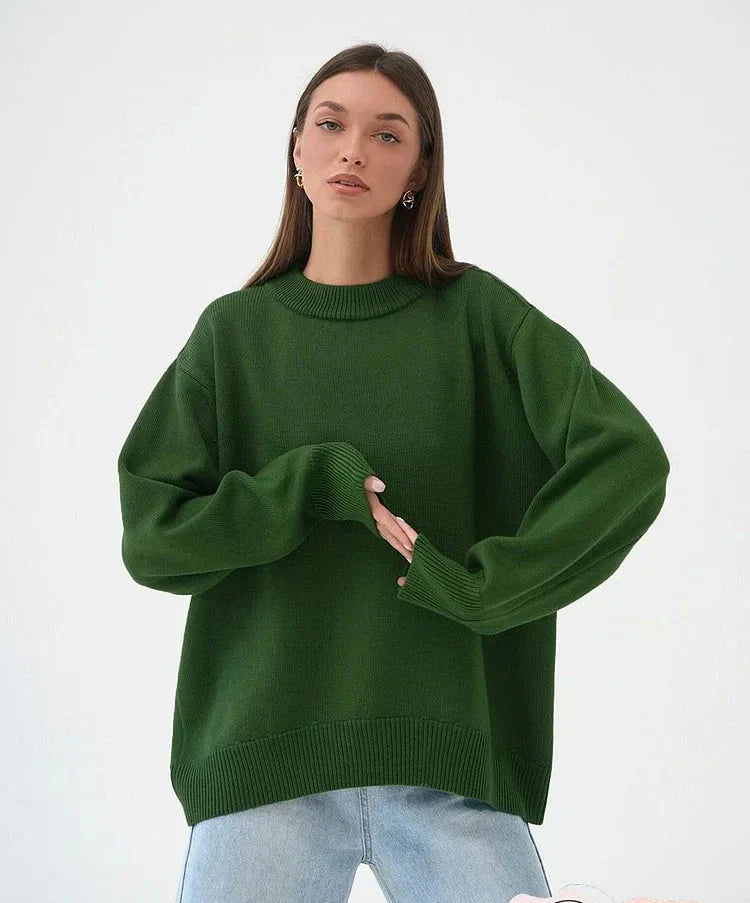 Women's oversized crew neck wool blend knit sweater relaxed cozy fit long sleeve fall winter