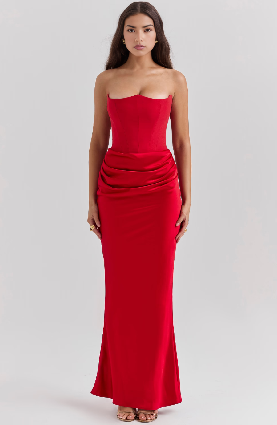 Women's ivory lace strapless evening dress with structured bodice and flowing hourglass silhouette