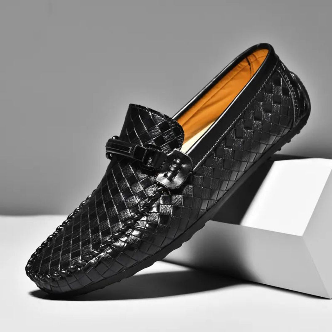 Emilio tan leather slip-on loafers with artisan woven texture, lightweight breathable design