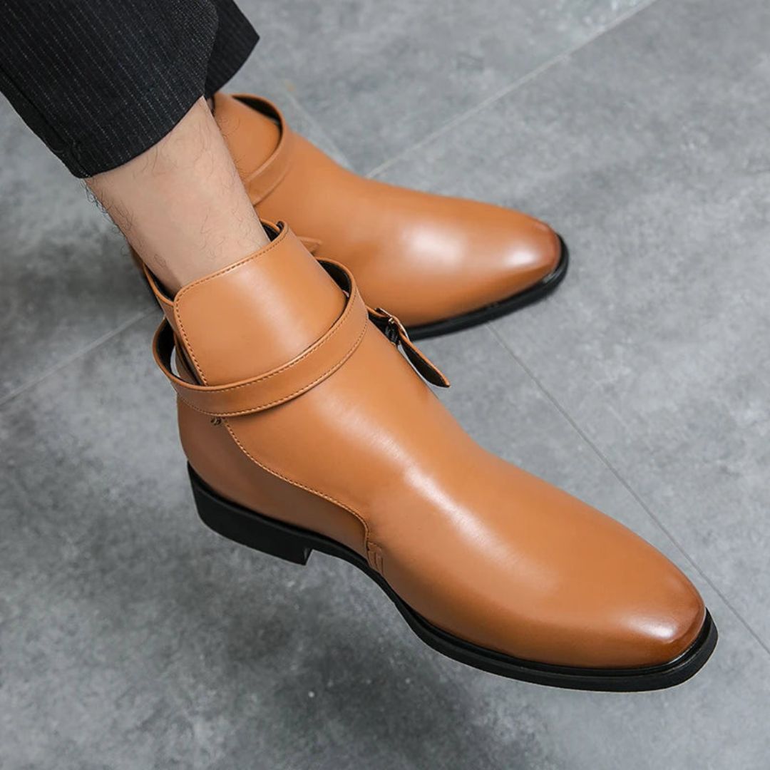 Men's brown vegan leather ankle strap boots sleek silhouette with lightweight durable sole