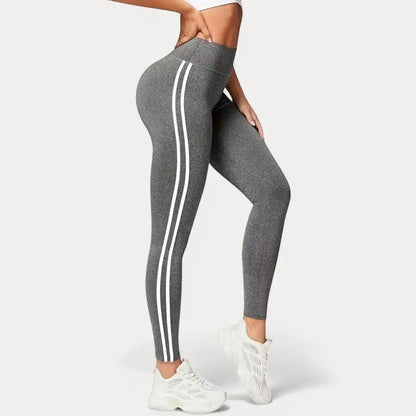 Black gym leggings with double white side stripes, high-waisted sporty slim fit design