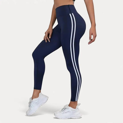 Black gym leggings with double white side stripes, high-waisted sporty fit for performance wear