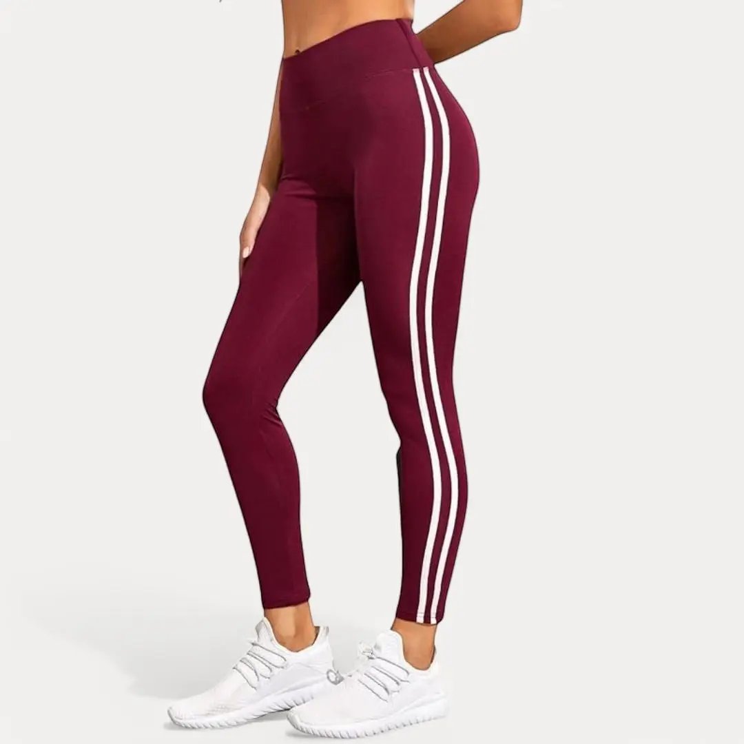 Black gym leggings with double white side stripes, high-waisted sporty slim fit for women