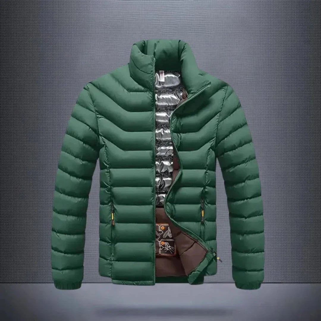 Men's black water-repellent puffer jacket with sleek structured fit and lightweight insulation