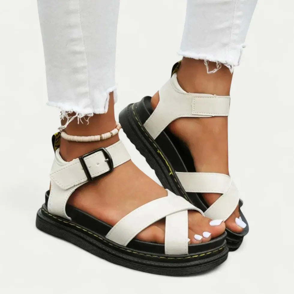 Women's beige ergonomic buckle strap sandals with comfort support, casual style for beach and everyday wear