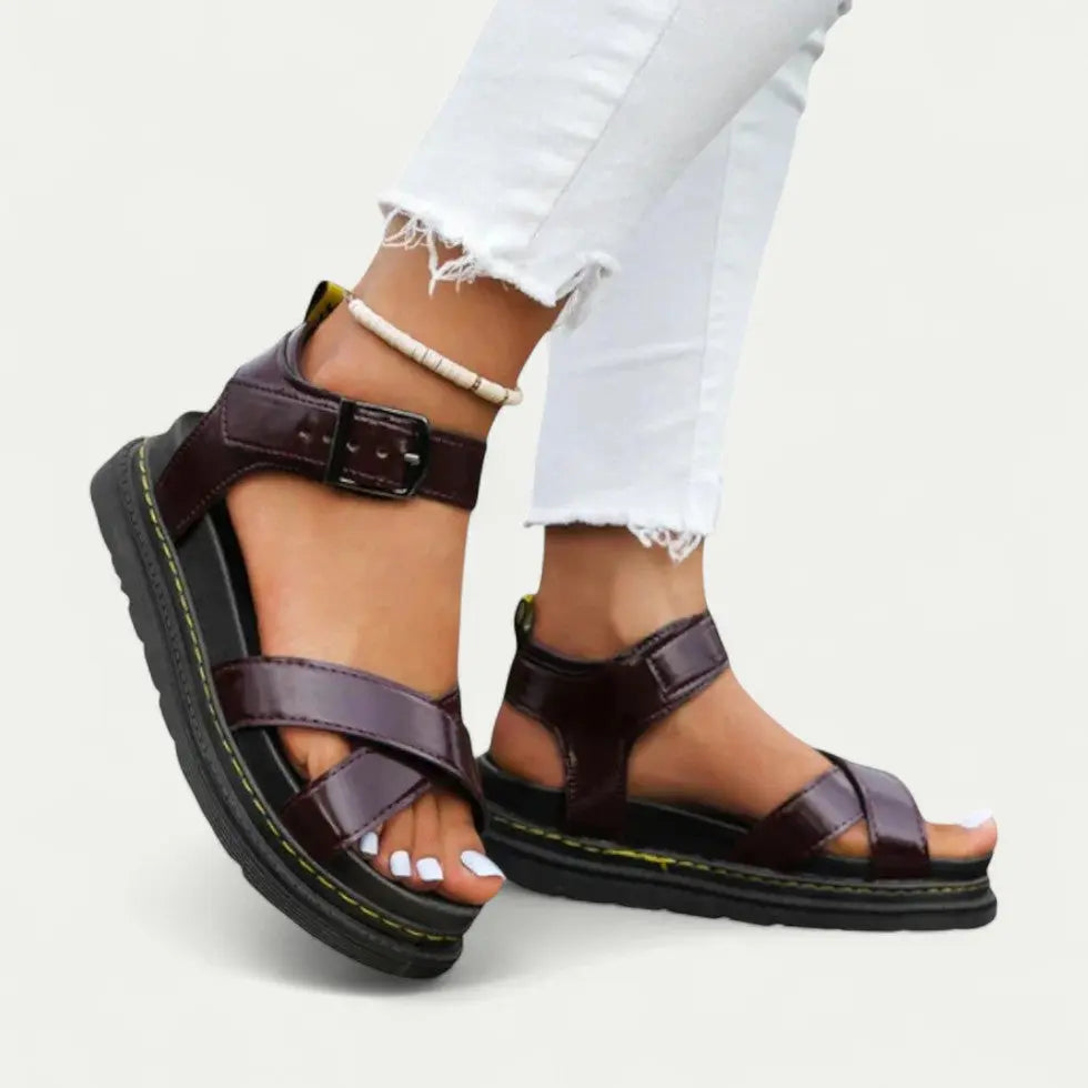 Women's beige ergonomic buckle strap sandals with comfort support, casual open-toe style for everyday comfort