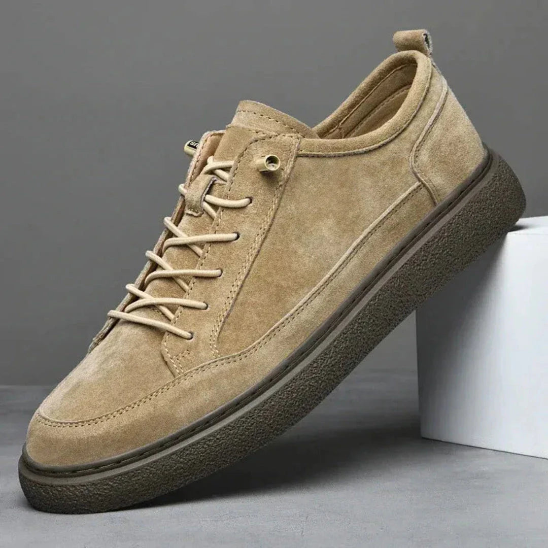 Men's classic suede sneakers in neutral tone, smart casual low-top with cushioned insole and textured rubber sole