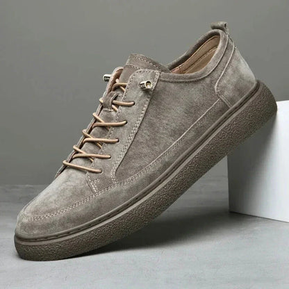 Men's tan suede low-top sneakers smart casual style cushioned insole durable textured rubber sole