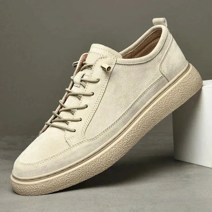 Men's tan suede low-top sneakers with textured rubber sole, cushioned smart casual style by Wavlynn