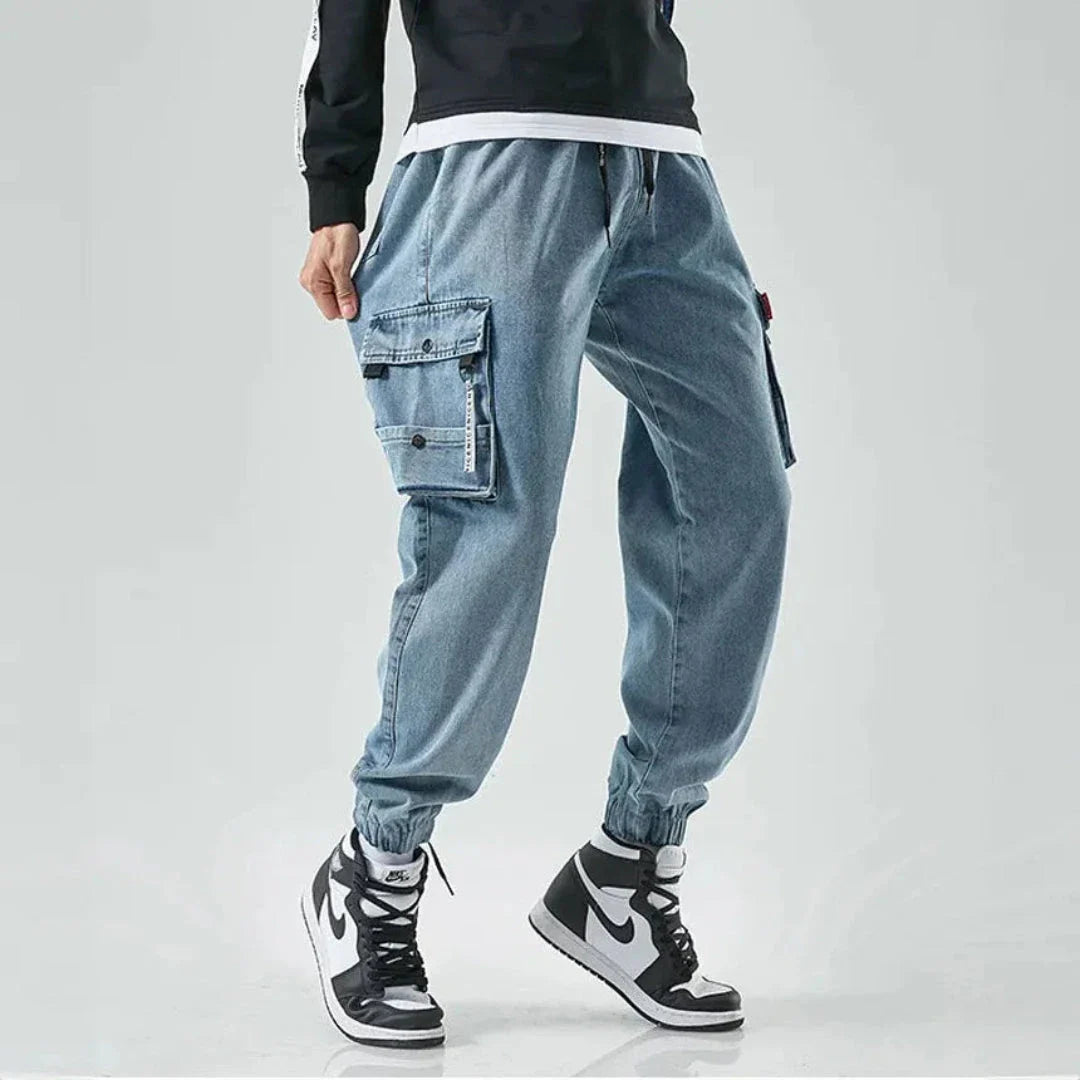 Blue heavy-duty denim cargo pants relaxed fit with reinforced knees and utility pockets
