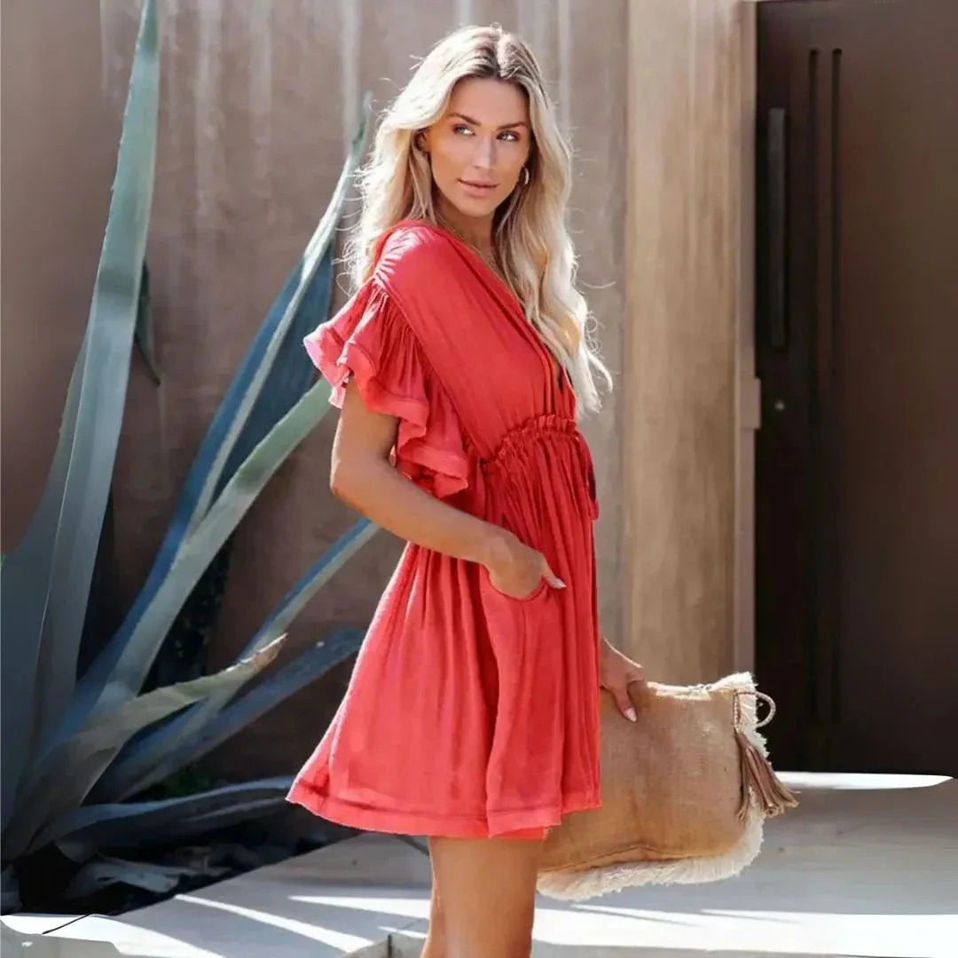 Erica white mini dress V-neck ruffle flutter sleeves cinched waist casual summer style