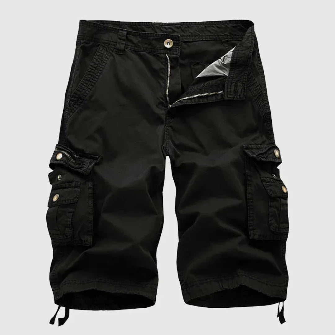 Men's khaki relaxed-fit cargo shorts with multiple flap pockets, durable 100% cotton breathable fabric