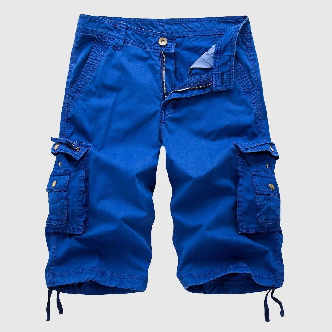 Men's khaki relaxed fit cargo shorts with multiple flap pockets, durable 100% cotton for summer outdoor