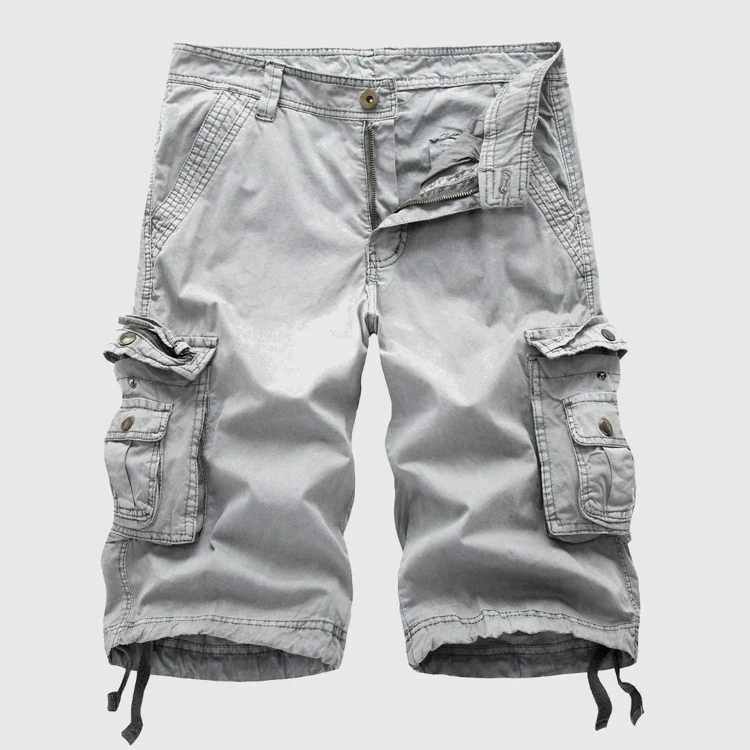 Men's khaki relaxed fit cargo shorts with multiple flap pockets, durable 100% cotton for summer adventures