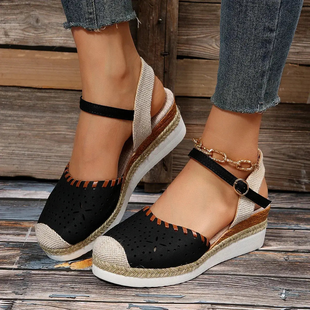 Women's closed toe espadrille wedge sandals with jute-wrapped platform and buckle strap detail