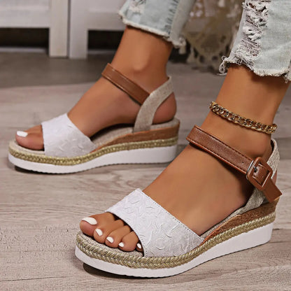 Women's espadrille wedge sandals open-toe style with woven jute platform, warm-weather chic
