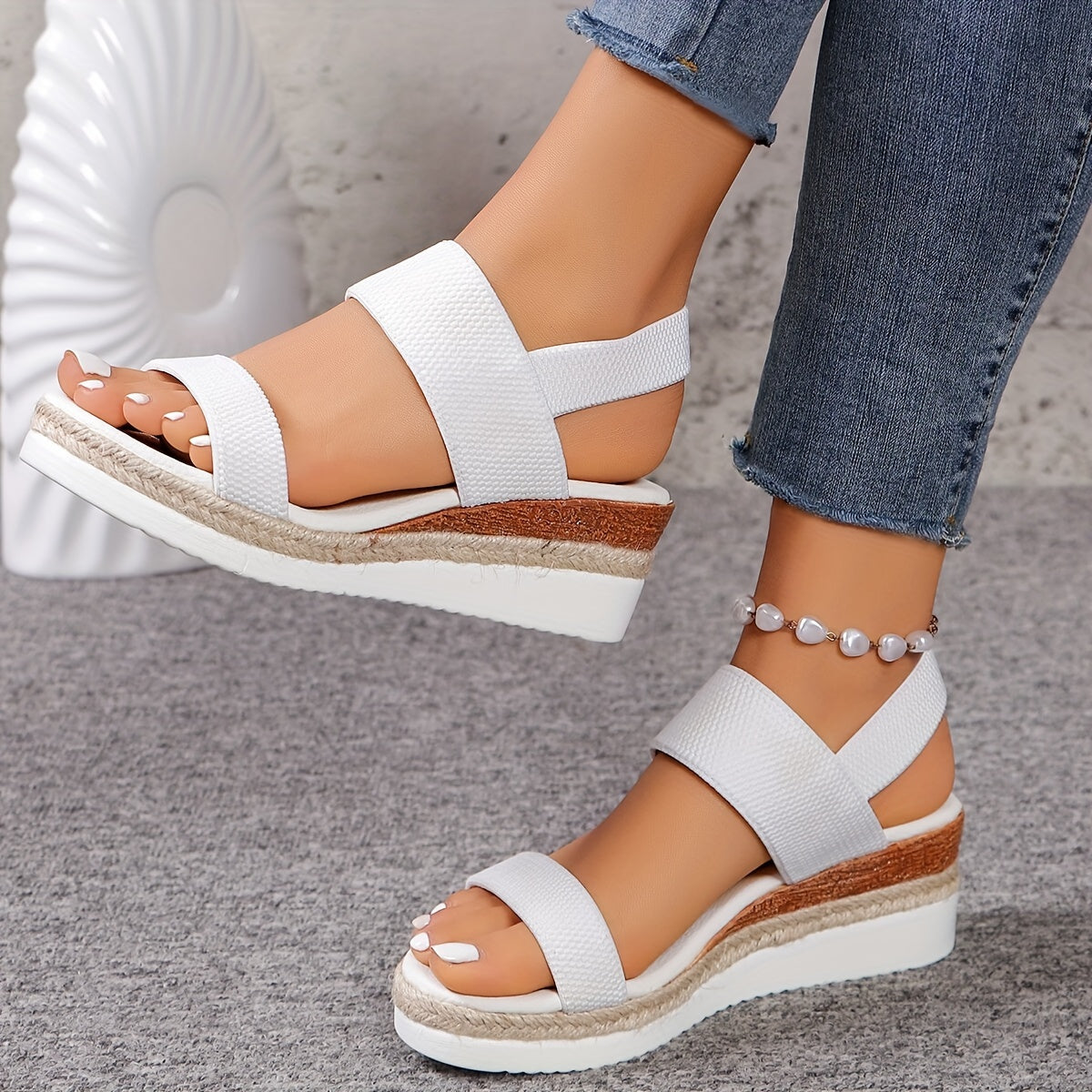 Women's espadrille wedge sandals in neutral tones, jute-wrapped platform, PU leather straps