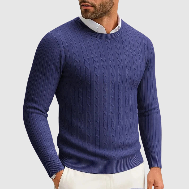 Cream ribbed cable knit sweater with vertical pattern, relaxed universal fit for everyday wear