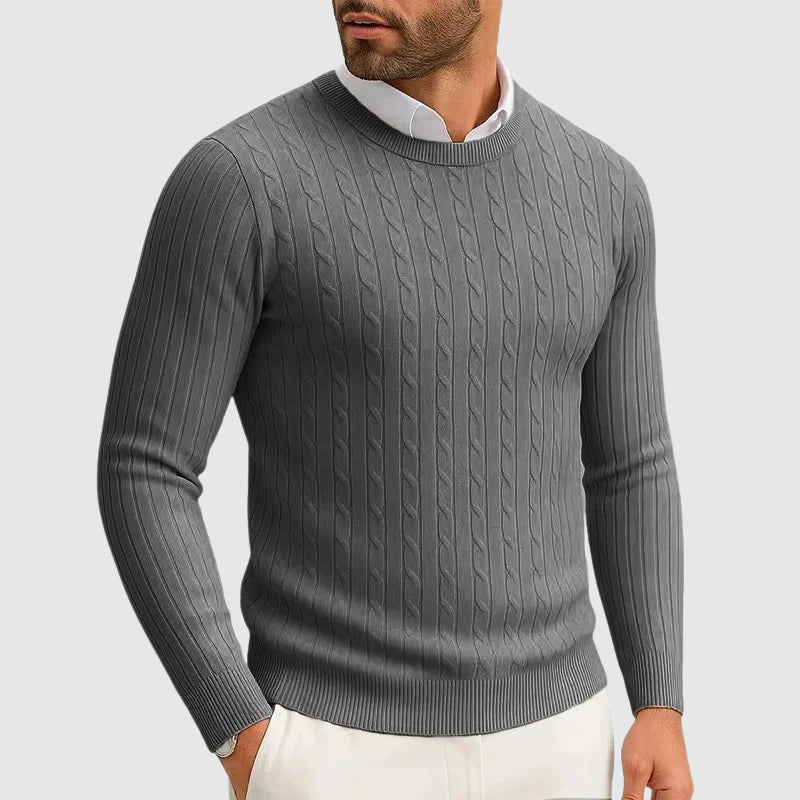 Cream ribbed cable knit sweater with vertical pattern, relaxed universal fit for everyday wear