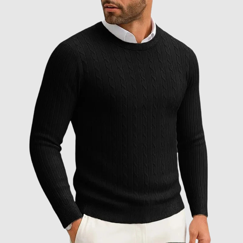 Cream cable knit sweater ribbed vertical pattern cotton-poly blend structured everyday fit