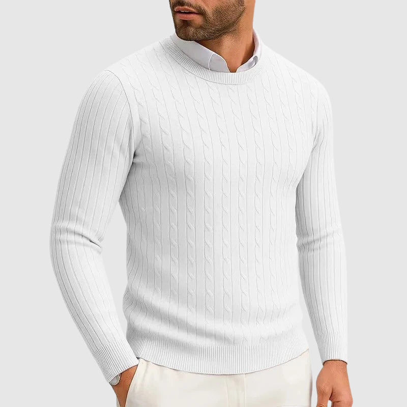 Cream ribbed cable knit sweater with vertical pattern, relaxed universal fit for everyday wear