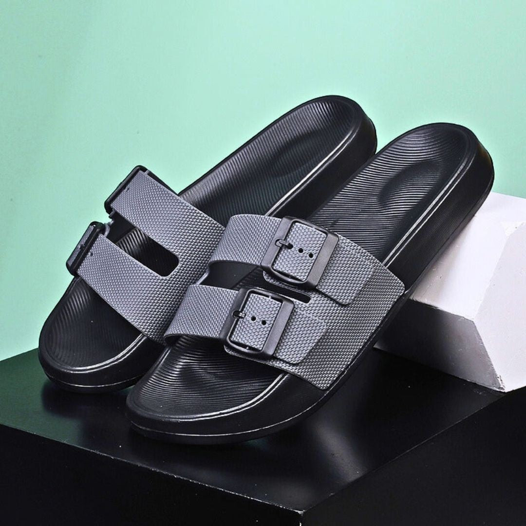 Men's beige adjustable double buckle slide sandals with cushioned footbed and textured sole