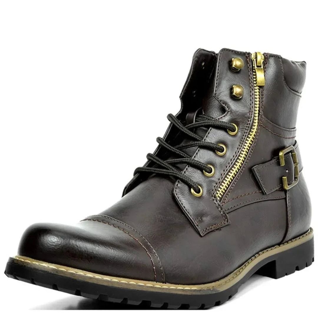 Men's brown full-grain leather combat boots with rugged lace-up and buckle detail