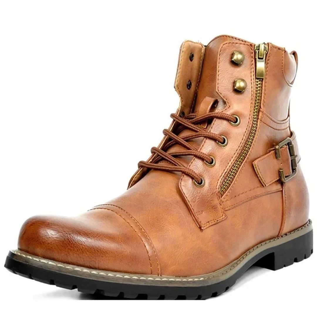Men's brown full-grain leather combat boots with rugged lace-up closure and buckle detail