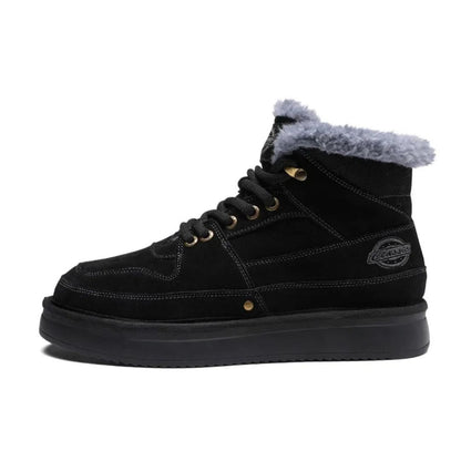 Brown vegan leather high-top boots with fur lining, metal eyelets, and thick traction sole
