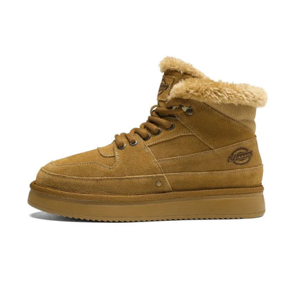Brown vegan leather high-top boots with fur lining, metal eyelets, and thick traction sole