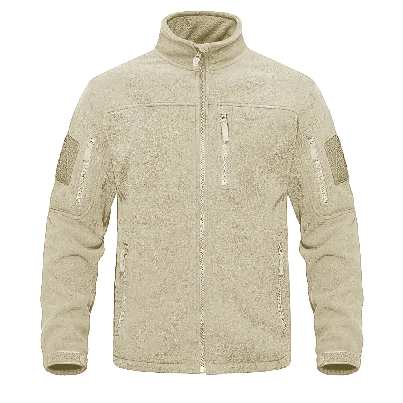 Men's gray full-zip thermal fleece jacket with high collar and multiple zippered pockets